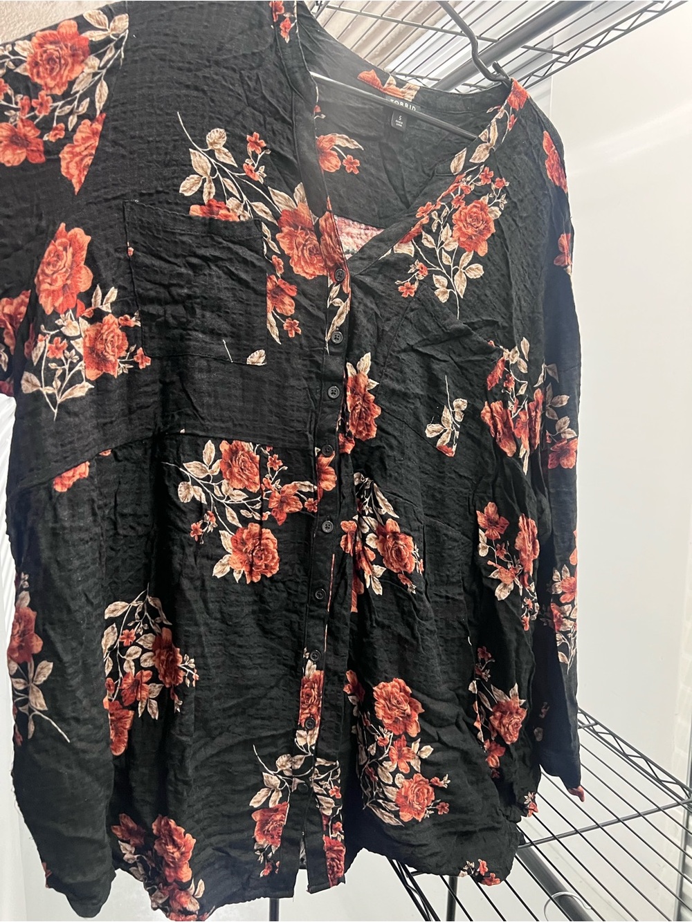 torrid Black Button-Front Shirt with coral Floral Print